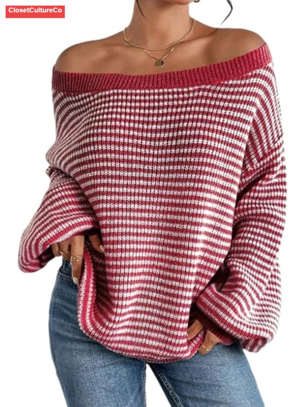 Oversized Striped Sweater Off Shoulder Long Sleeve Loose Knit Pullover Jumper